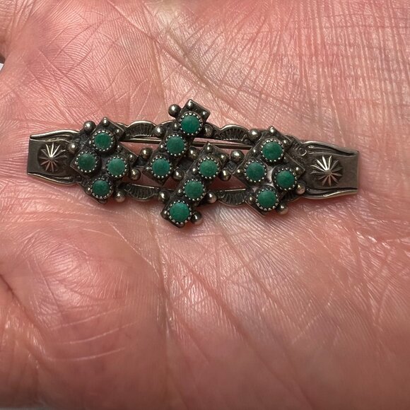 Circa 1940's Turquoise Snake Eyes Petit Point Sterling Silver 925 Brooch Pin - Picture 1 of 3